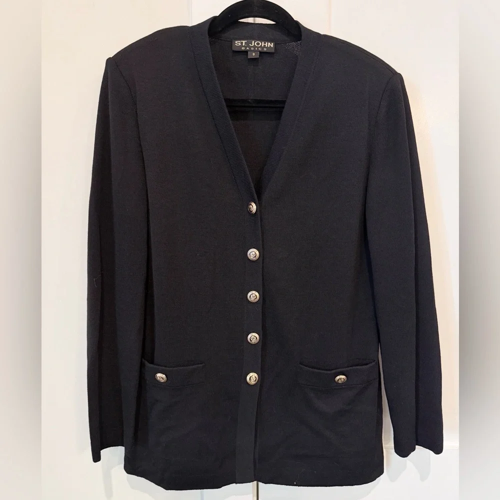 St John Basics Black Knit V-Neck Button Cardigan Sz 8 Quiet Luxury Capsule Chic